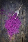 Pink organic basmati rice and small shovel — Stock Photo