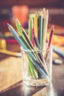 Close up of Glass of colored pencils — Stock Photo
