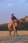 États-Unis, Wyoming, cow-boy chevauchant à la lumière du soir — Photo de stock