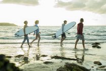Femme et trois adolescents avec planches de surf marchant au bord de la mer — Photo de stock