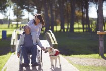 Woman with man in wheelchair and dog in park — Stock Photo