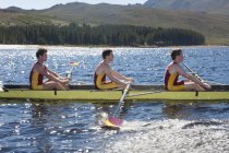 Hombres bote de remos en el lago con montañas en el fondo - foto de stock