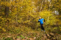 Homem sênior correndo na floresta outonal — Fotografia de Stock