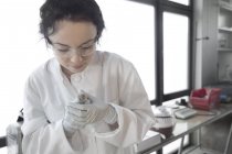 Female scientist watching laboratory mouse after treatment — Stock Photo