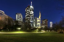 Germany, Hesse, Frankfurt, Financial district, Helaba, Commerzbank, Japan Tower and European Central Bank , ECB, at night — Stock Photo