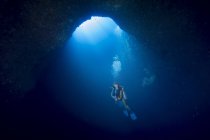 Palau, Oceano Pacifico, subacqueo in grotta sottomarina — Foto stock