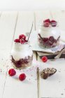 Zwei Gläser Müsli mit Himbeeren, Joghurt und Quinoa — Stockfoto