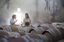Two women tasting wine in cellar — Stock Photo