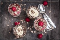 Desserts in glasses, raspberry mascarpone and speculoos and chocolate banana mascarpone and speculoos — Stock Photo
