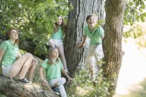 Quattro bambini che guardano qualcosa sull'albero — Foto stock