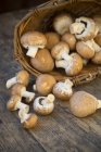 Свежие грибы в перевернутой корзине на темном дереве — стоковое фото