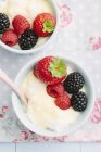 Vanilla pudding with beaten egg white and fresh fruits — Stock Photo