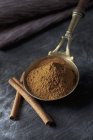Brass spoon with cinnamon powder and sticks on textile, close up — Stock Photo