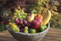 Bowl of fresh fruits on garden wooden table — Stock Photo