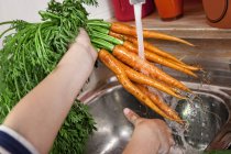 Крупным планом женских рук, моющих морковь в кухонной раковине — стоковое фото