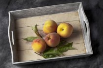 Peaches with leaves on tray — Stock Photo