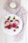 Raspberry Yoghurt ice lollies on plate with raspberries and leaves on white wood — Stock Photo