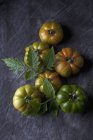 Sizilian tomatoes with leaves on black fabric — Stock Photo