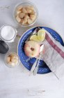 Fruit compote with saturn peaches on table, top view — Stock Photo