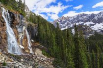 Canada, Colombie-Britannique, parc national Yoho, sept chutes du voile avec des sommets et des arbres — Photo de stock