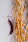 Elevated view of uncooked chili pasta, chili pod and chili threads on white wooden table — Stock Photo