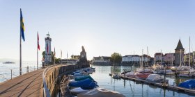 Germany, Bavaria, Swabia, Lake Constance, harbour with the old town and Mangturm and light house — Stock Photo