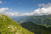 Austria, Alpi Allgaeu, Vorarlberg, Veduta da Fellhorn a Kleinwalsertal e verdi colline erbose durante il giorno — Foto stock