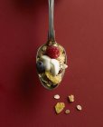 Cereali con frutta e yogurt su cucchiaio su superficie rosso scuro — Foto stock