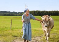 , Зріла жінка з коровою на фермі — стокове фото