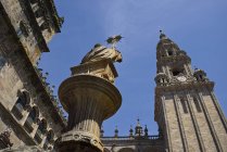 Spain, Santiago de Compostela, The Way of St James,Plaza de Praterias and Cathedral, low angle view — Stock Photo