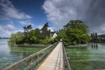 Schweiz, thurgau, eschenz, hölzerne brücke, blick über den rhein zur insel werd — Stockfoto