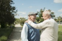 Due vecchi felici in piedi faccia a faccia nel parco — Foto stock