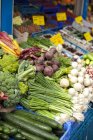 Different fresh vegetables at farmer market — Stock Photo