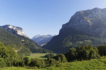 Valle di Bregenzerach vicino Schnepfau, monte Kanisfluh a destra, foresta di Bregenz, regione di Bregenzerwald, Vorarlberg, Austria — Foto stock