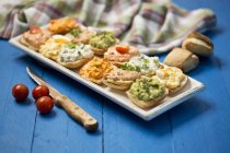 Variety of spreads on tray with tuna, egg, tomato, mozarella, ham, green onions, liptauer and avocado — Stock Photo