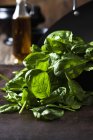 Mucchio di foglie di spinaci freschi su sfondo sfocato — Foto stock