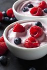 Two bowls of fruit yoghurt with blueberries and raspberries — Stock Photo
