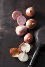 Oignons roses frais coupés en deux et entiers sur fond grunge foncé avec une vieille casserole — Photo de stock