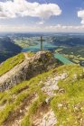 Austria, Salzkammergut, Mountain Schafberg, View from Himmelspforte with summit cross — Stock Photo