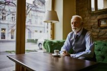 Элегантный пожилой мужчина сидит на диване в кафе — стоковое фото