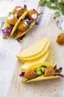 Tacos with mixed salad, sweet patato Falafel, carrot, red cabbage, yoghurt sauce, parsley and black sesame — Stock Photo