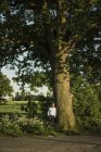 Uomo d'affari appoggiato all'albero di giorno — Foto stock