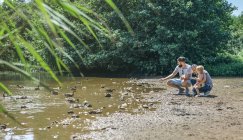 Familie mit kleinem Mädchen füttert Enten im Teich — Stockfoto