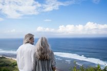 Casal sênior olhando para o oceano, visão traseira — Fotografia de Stock