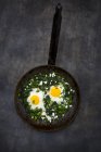 Shakshouka with baby spinat, chard, spring onions and basil in pan — Stock Photo