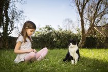 Kleines Mädchen sitzt auf einer Wiese neben Katze, die Gänseblümchen pflückt — Stockfoto