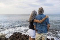 Casal sênior olhando para o oceano, visão traseira — Fotografia de Stock
