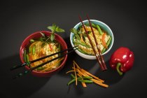 Nudelsuppe mit Mie-Nudeln, Karotten, grünen Bohnen, Paprika, Minze und Chili — Stockfoto