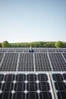 Зрілий чоловік стоїть на панелі на сонячній електростанції — стокове фото