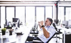 Happy mature businessman cheering at desk in office — Stock Photo
